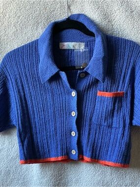 Free People Blue Ribbed Cropped Cardigan with Orange Trim